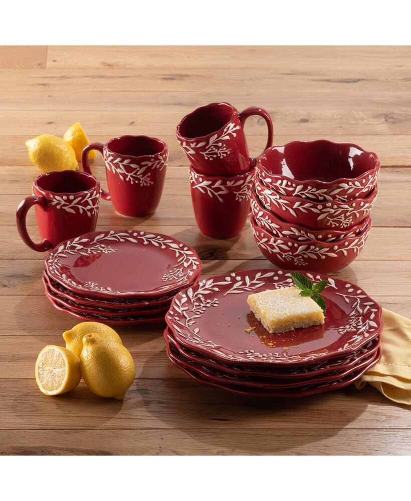 American Atelier bianca Mistletoe Red and White Ceramic 16-Piece Dinnerware Set
