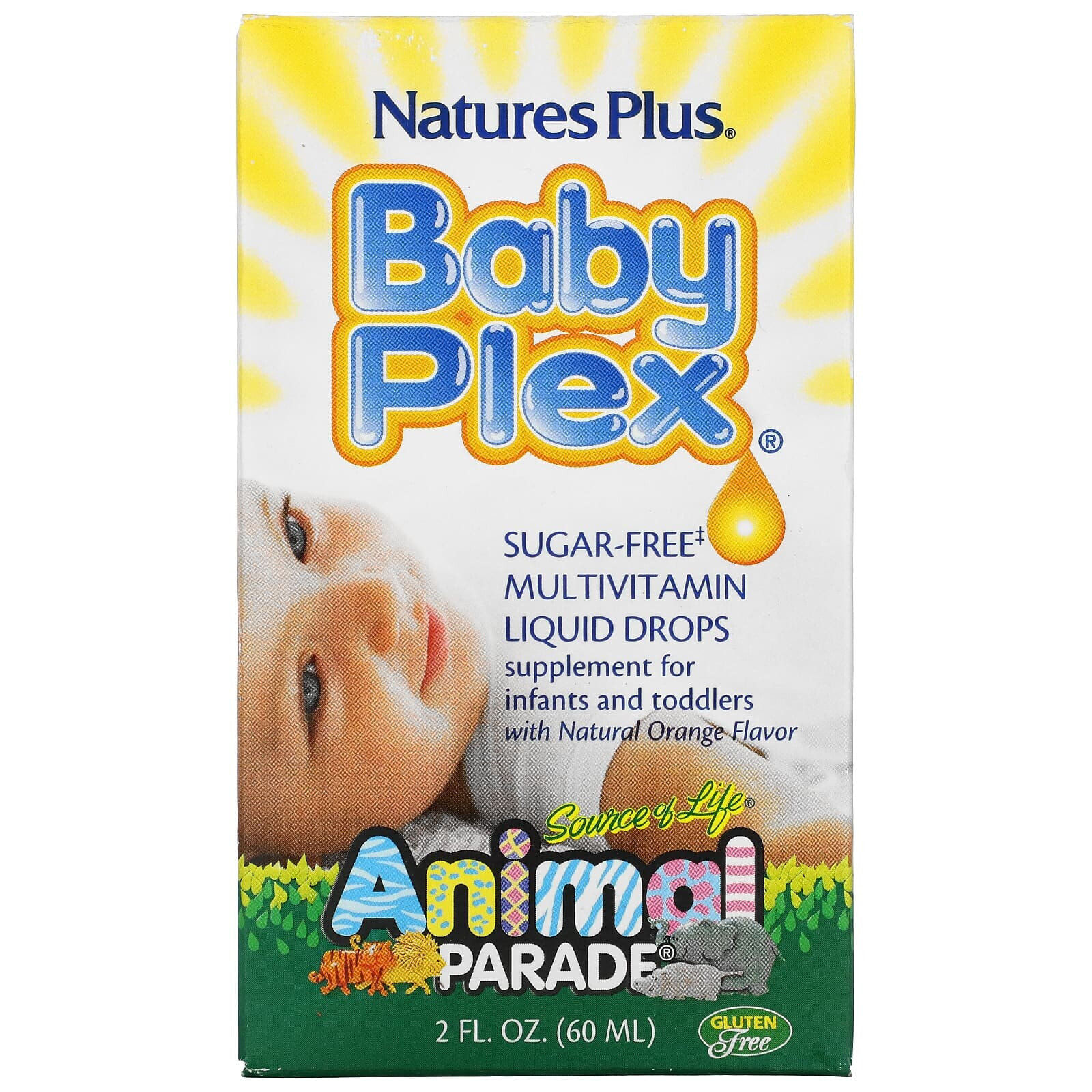 Натурес Плюс, Source of Life, Animal Parade, Baby Plex, жидкие мультивитаминные капли без сахара, с натуральным вкусом апельсина, 2 жидкие унции (60 мл)