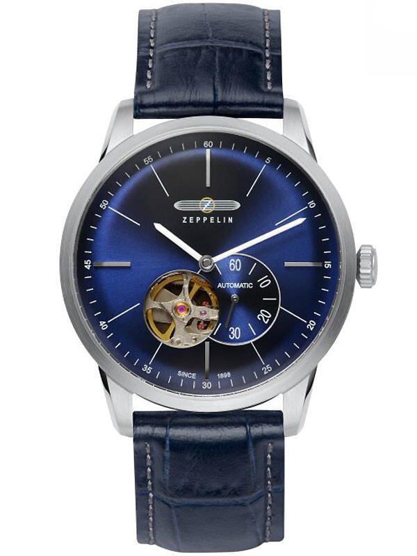 Мужские наручные часы с синим кожаным ремешком Zeppelin Flatline 7364-3 Mens Automatic 40 mm 50M