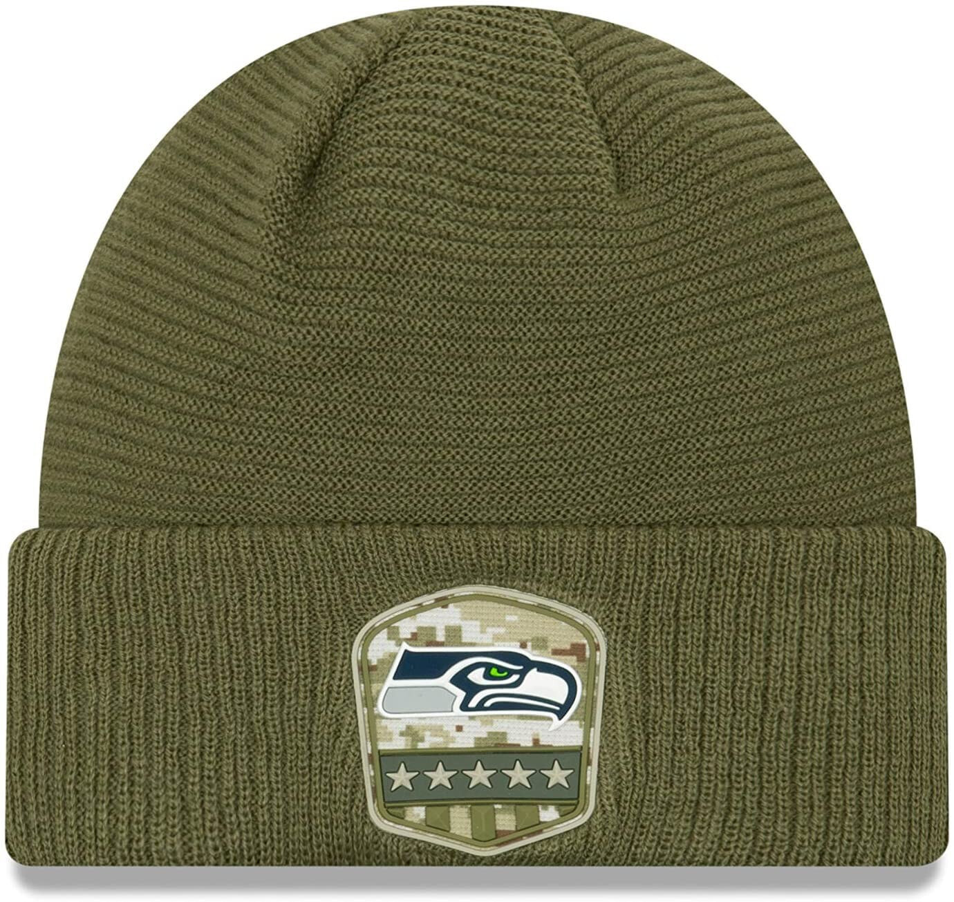 Мужская шапка зеленая трикотажная New Era Seattle Seahawks Beanie On Field 2019 Salute to Service Knit