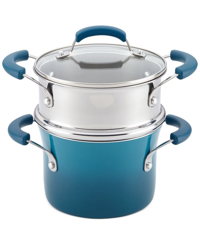 Cucina Hard Enamel Nonstick Sauce Pot and Steamer Insert Set, 3-Quart, Agave Blue