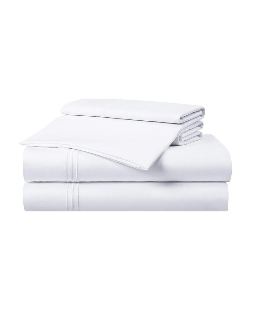 Aston and Arden sateen Queen Sheet Set, 1 Flat Sheet, 1 Fitted Sheet, 2 Pillowcases, 600 Thread Count, Sateen Cotton, Pristine White with Fine Baratta Embroidered 3-Striped Hem