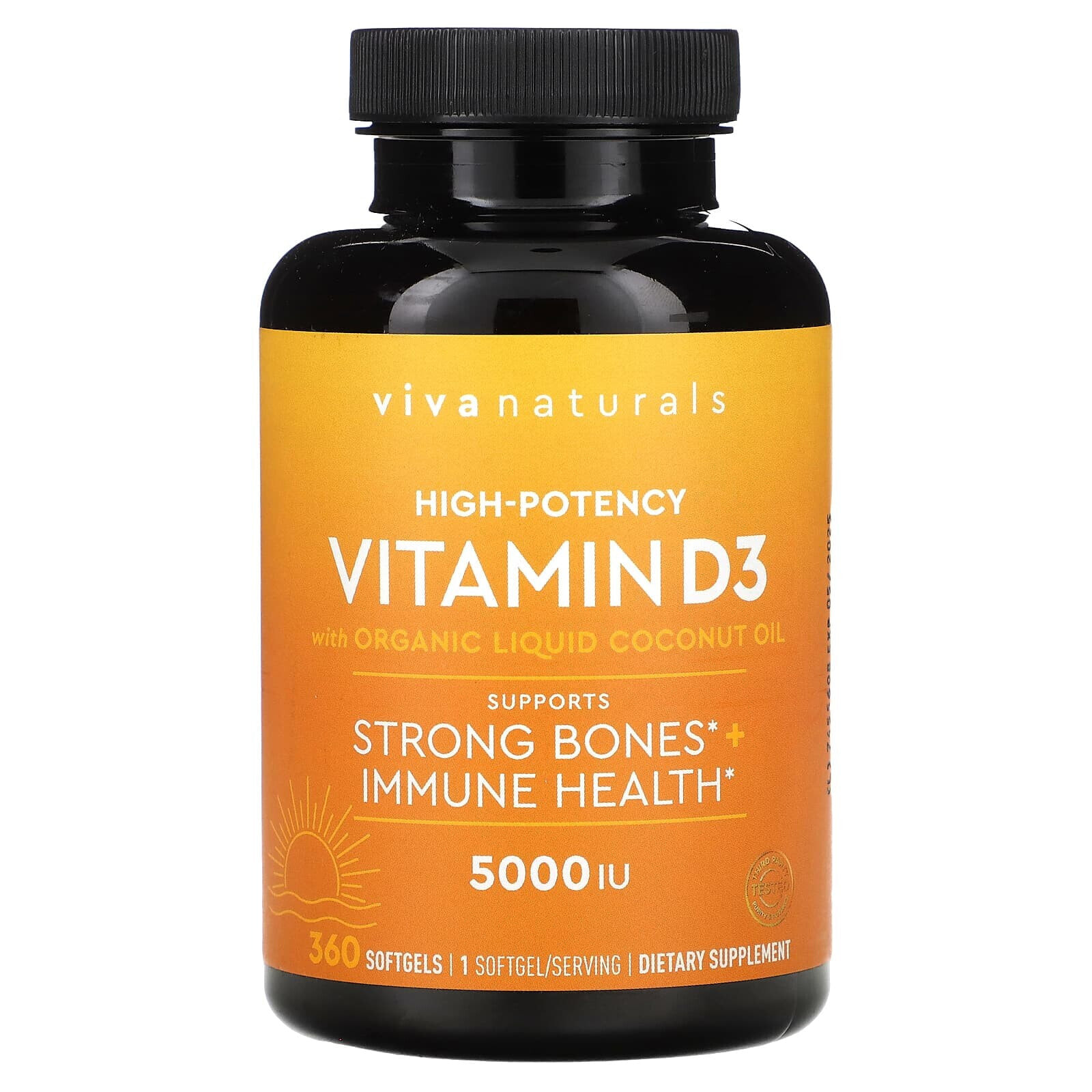 Viva Naturals, Витамин D с органическим кокосовым маслом, высокоэффективный, 5000 МЕ, 360 мягких таблеток