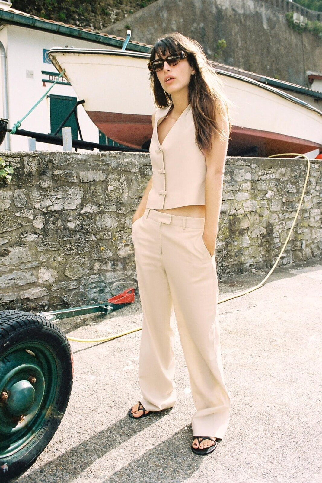 Low-rise straight-leg linen blend trousers