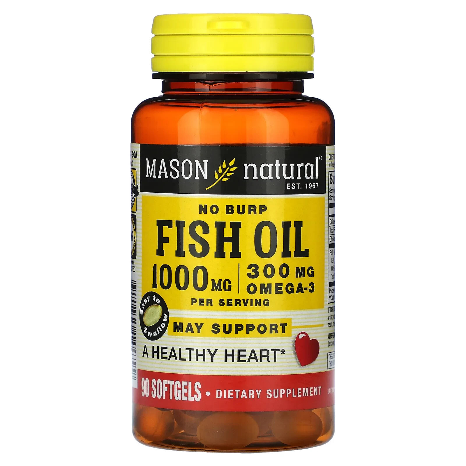 Mason Natural, No Burp Fish Oil, 1,000 mg, 90 Softgels