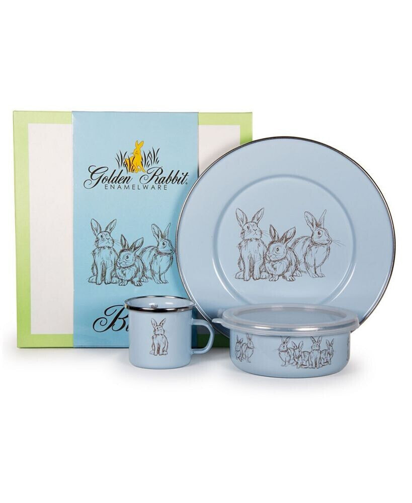 Golden Rabbit blue Bunnies Enamelware Collection 3 Piece Kids Dinner Set