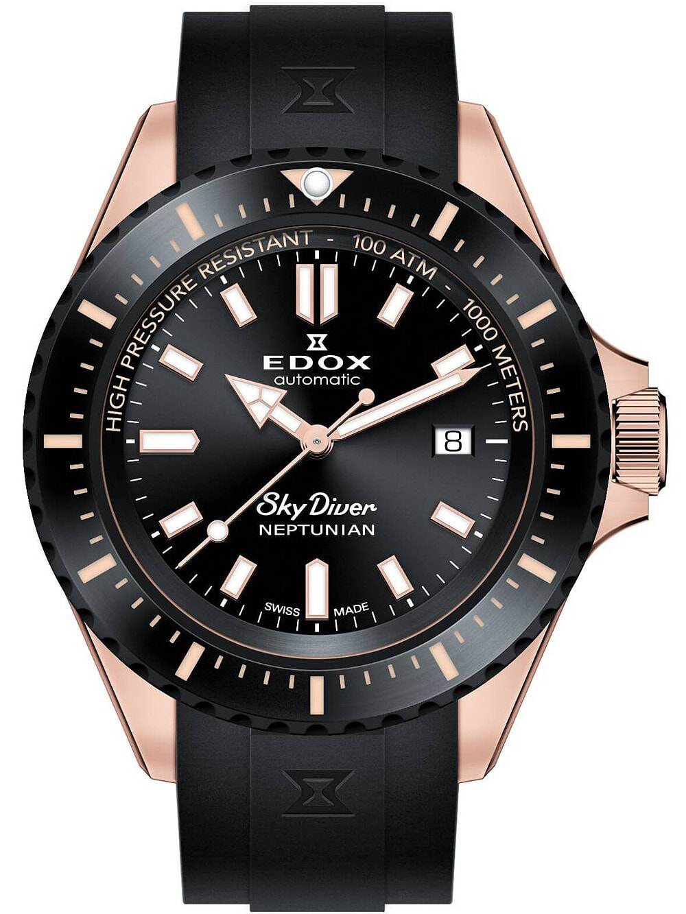 Мужские наручные часы с черным силиконовым ремешком Edox 80120-37RNNCA-NIR Skydiver Neptunian 44mm 100ATM
