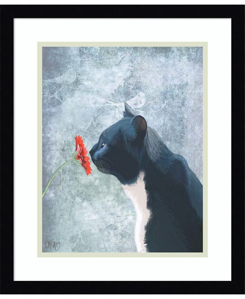 Amanti Art black Cat Sniffing Flower Framed Art Print