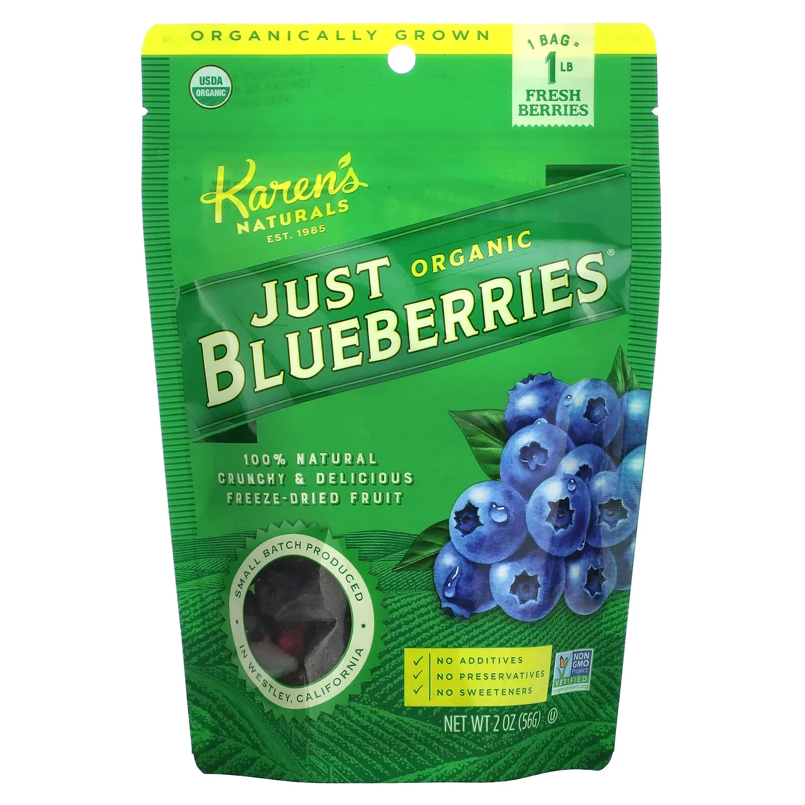 Карэнс Нэчуралс, Organic Just Blueberries, высушенные сублимацией фрукты, 2 унции (56 г)
