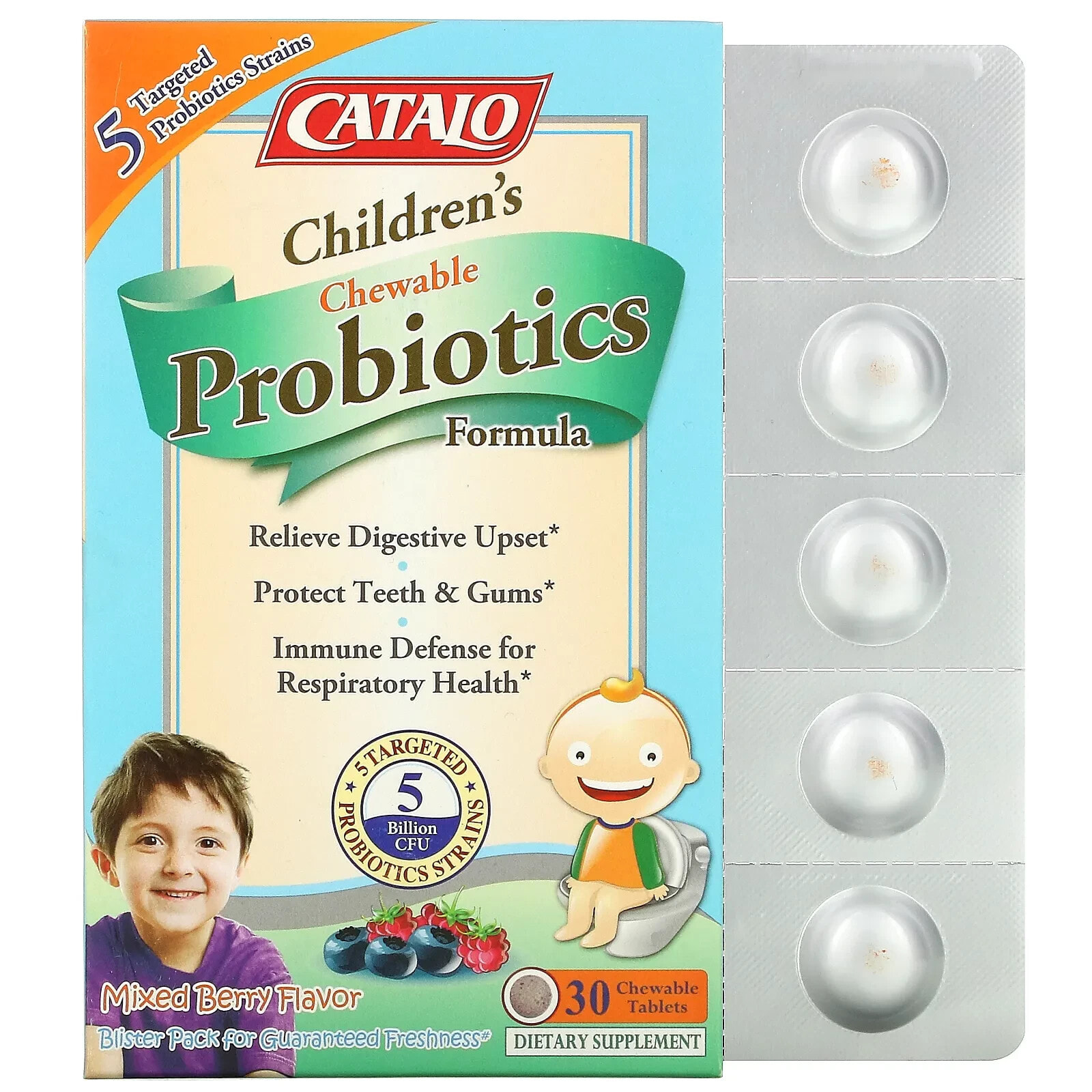 Катало Натуралс, Формула с пробиотиками для детей, ягодная смесь, 5 млрд КОЕ, 30 жевательных таблеток