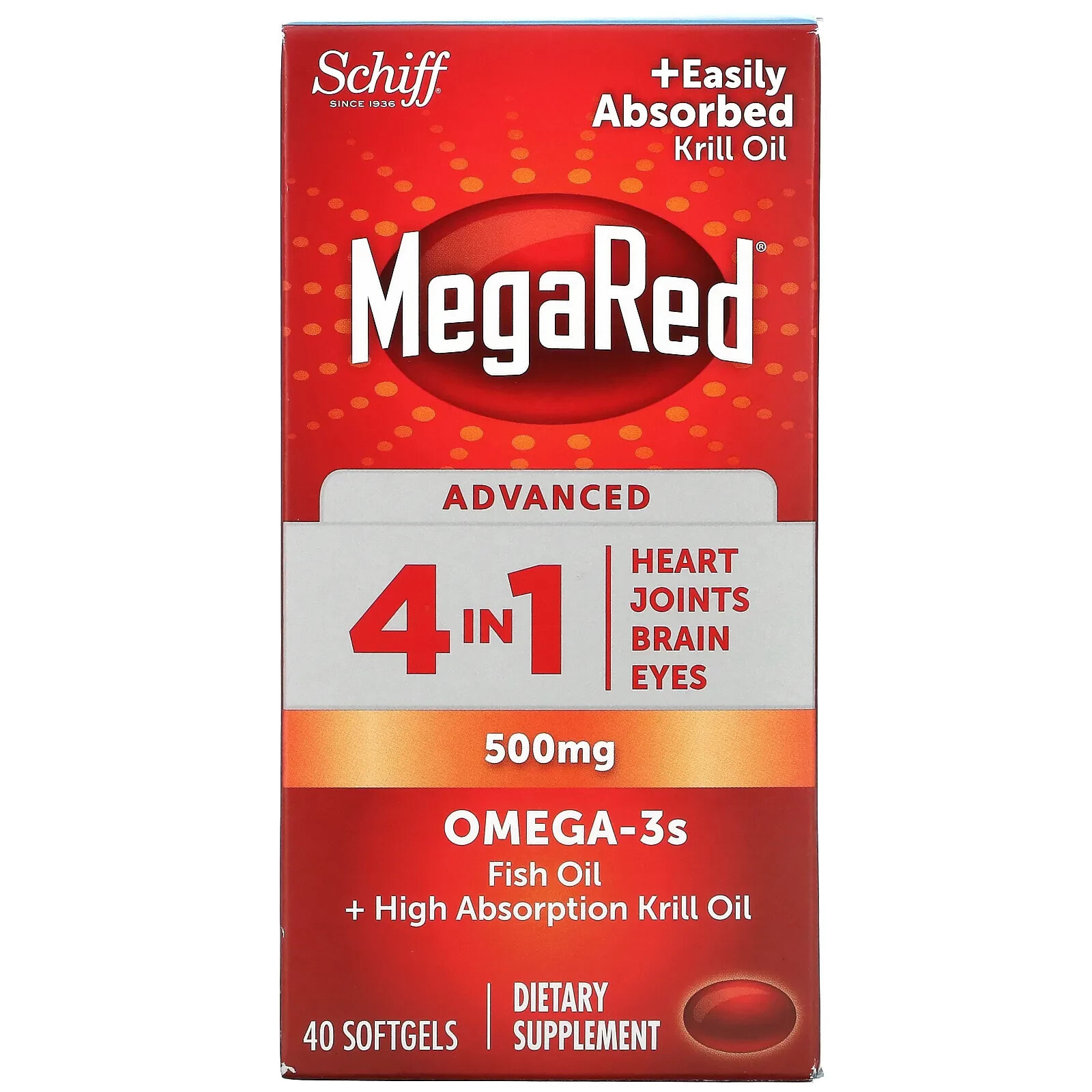 Шифф, MegaRed, Advanced 4 в 1 Омега-3, 500 мг, 40 мягких таблеток