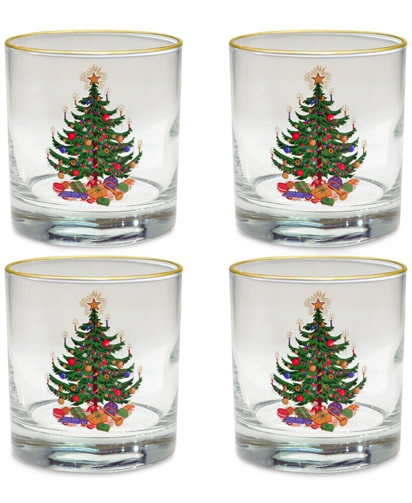 Culver christmas Tree Old-Fashioned Glass with 22k Gold Rim, Set of 4