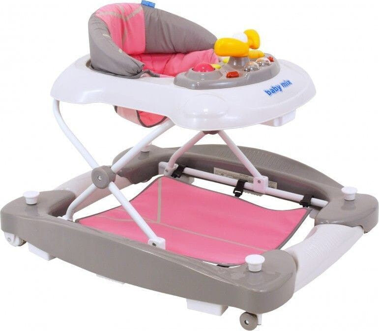 Ходунки-люлька Baby Mix J-888R 2в1 с игровой панелью, со звуками, серо-розовый 6м+ до 12кг