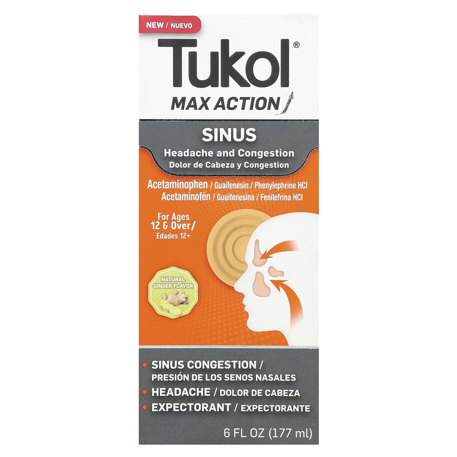 Max Action, Sinus, Ages 12 & Over, Natural Ginger, 6 fl oz (177 ml)