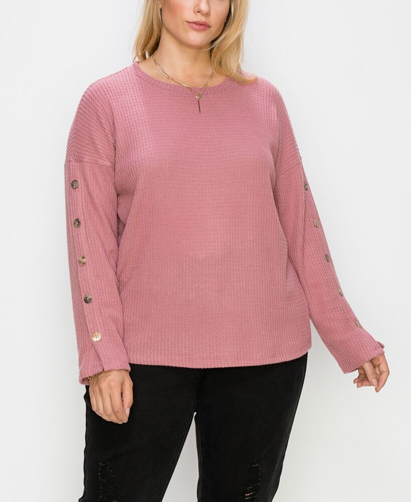 COIN 1804 plus Size Brushed Waffle Crew Button Long Sleeve Top