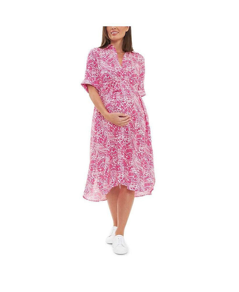 Ripe Maternity janis Button Through Shirt Dress Hot Pink/White