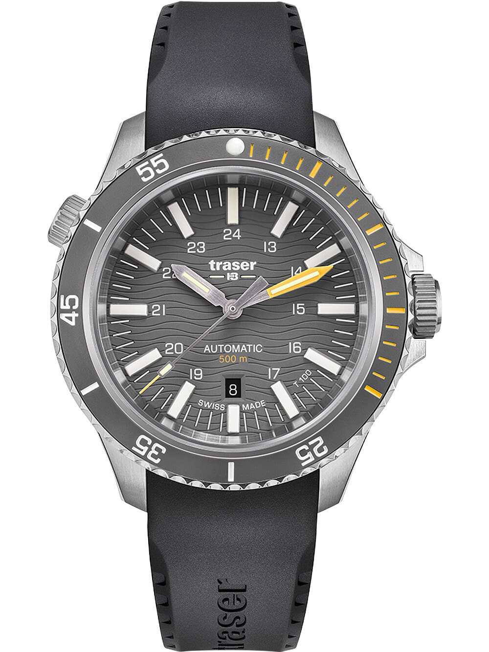 Мужские наручные часы с черным силиконовым ремешком Traser H3 110330 P67 Diver Automatik T100 Grey 46mm 50ATM