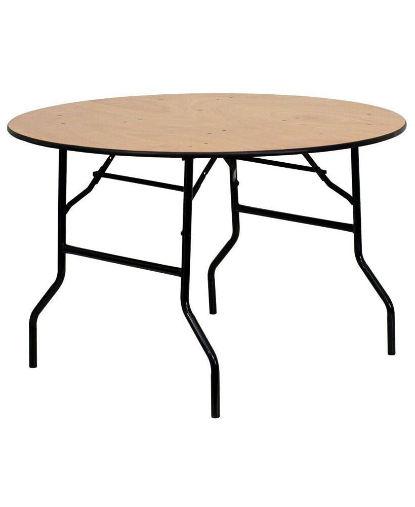 EMMA+OLIVER 4-Foot Round Wood Folding Banquet Table With Clear Coated Finished Top