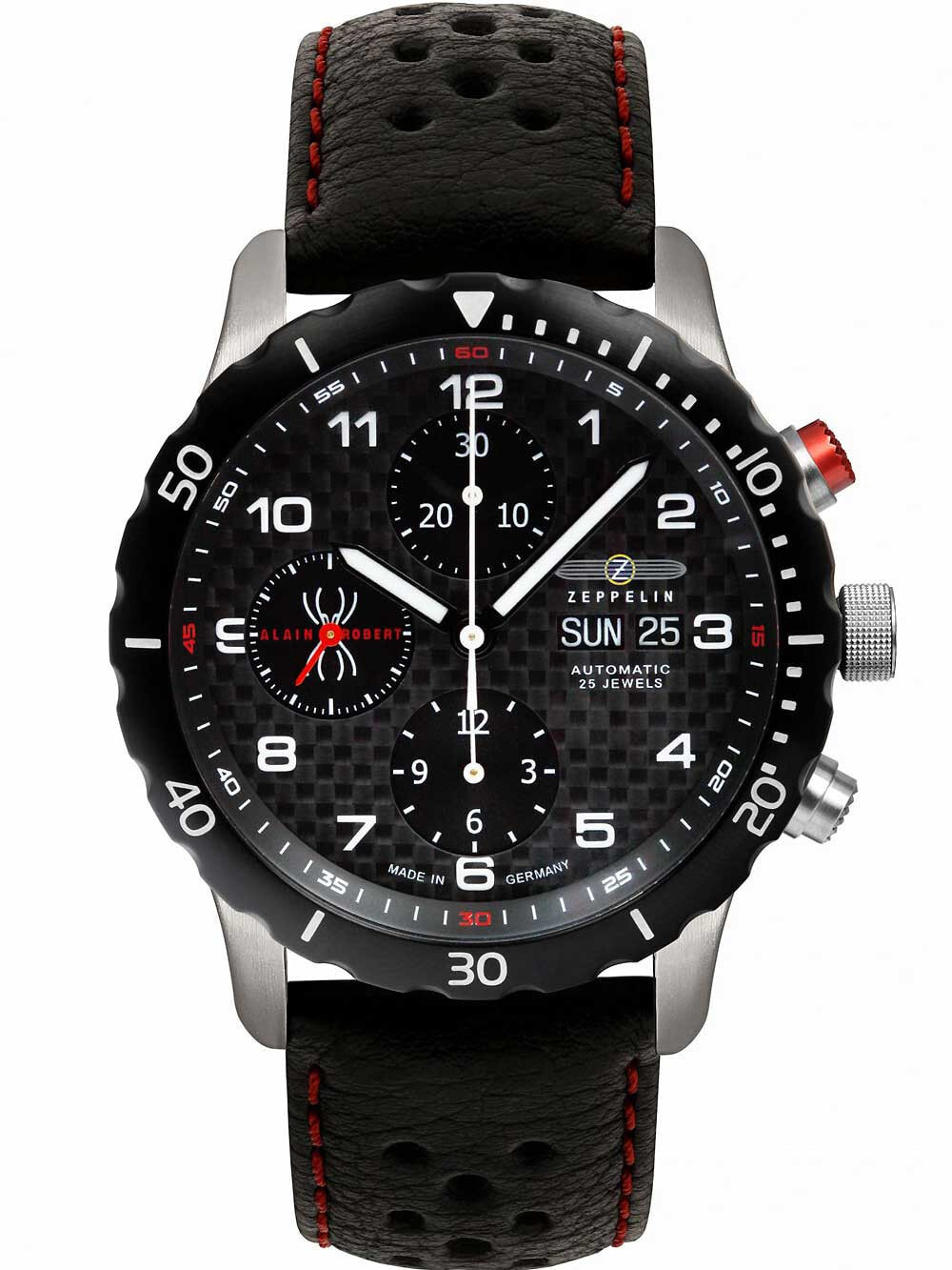 Мужские наручные часы с черным кожаным ремешком Zeppelin 7216-2 Night Cruise automatic chrono 42 mm 10ATM