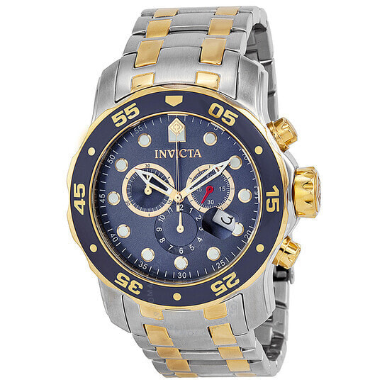 Мужские наручные часы с серебряным золотым браслетом Invicta Pro Diver Chronograph Blue Dial Mens Watch 0077