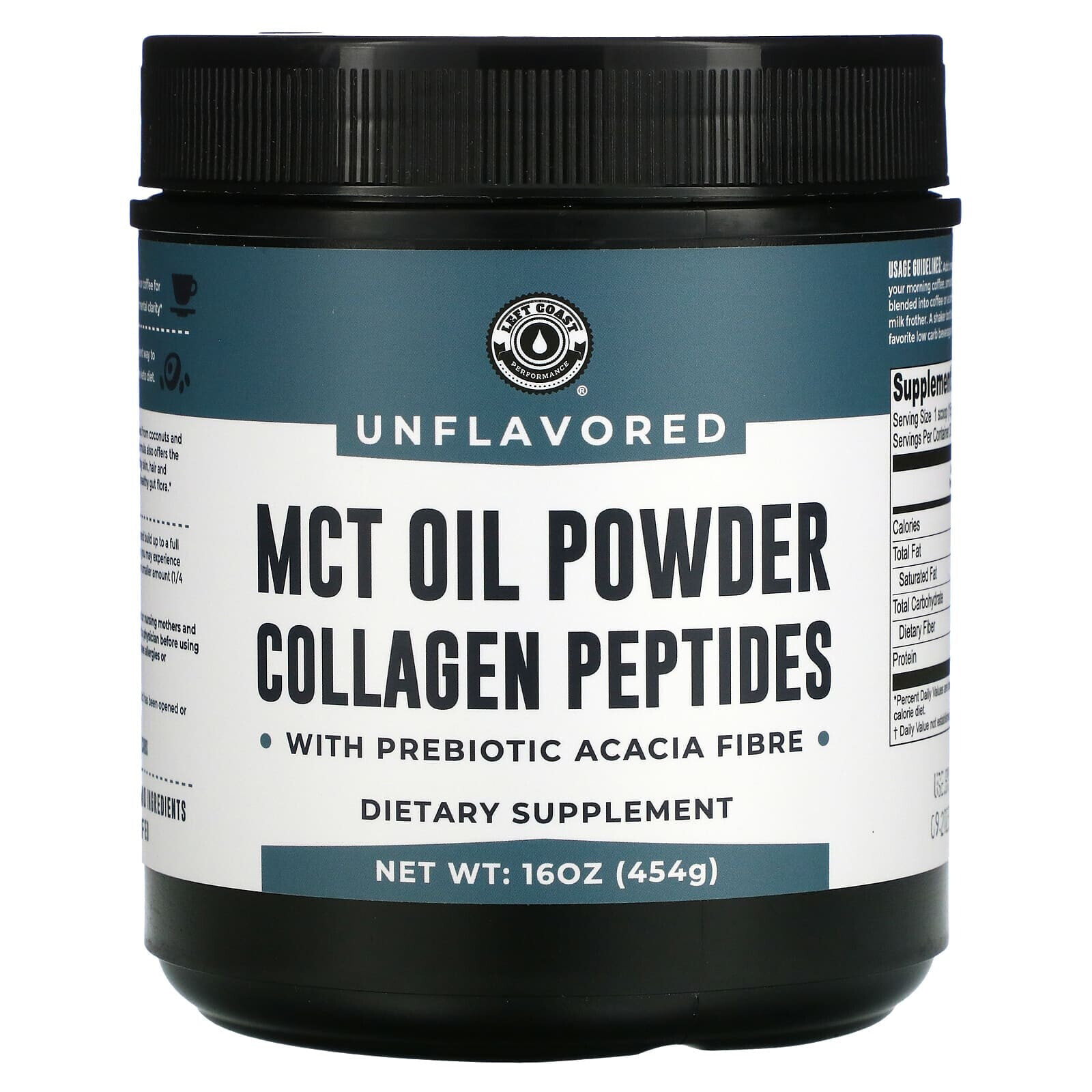 MCT Oil Powder Collagen Peptides with Prebiotic Acacia Fibre, Unflavored, 16 oz (454 g)