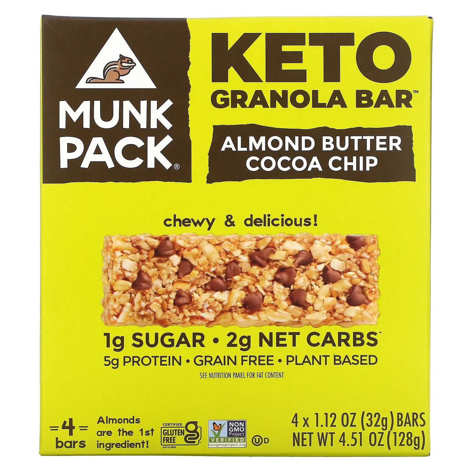 Мунк Пак, Keto Granola, батончики с миндальным маслом и какао, 4 батончика по 32 г (1,12 унции)