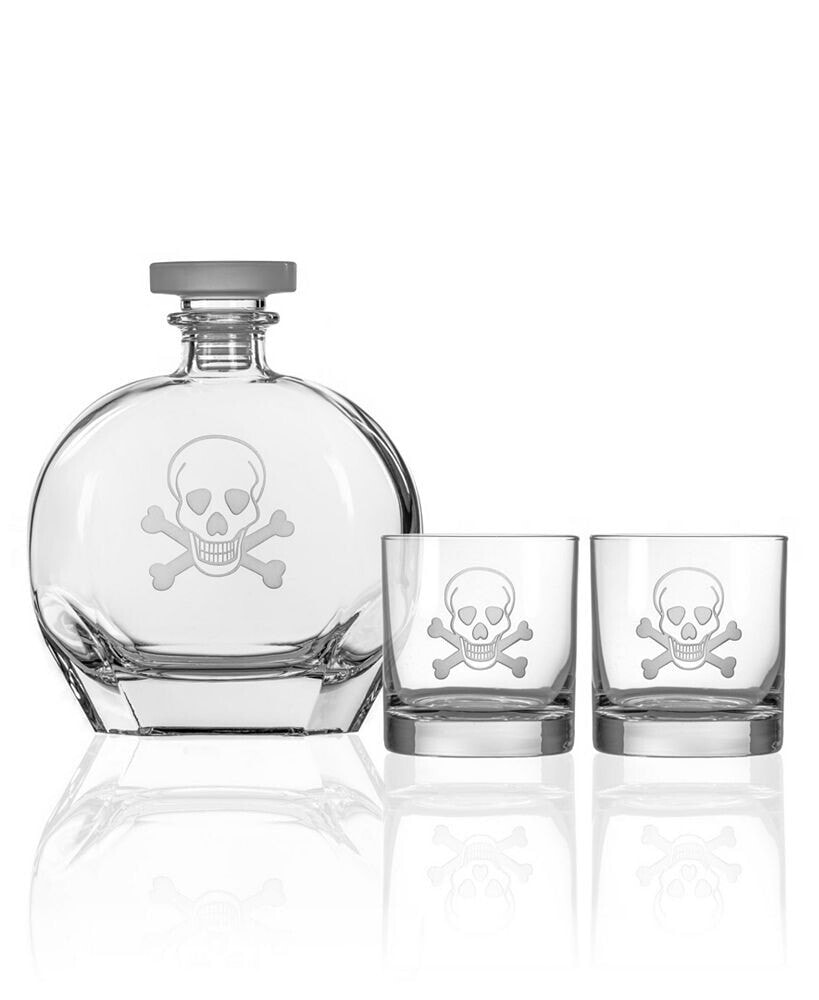 Rolf Glass skull And Cross Bones 3 Piece Gift Set - Whiskey Decanter And Rocks Glasses