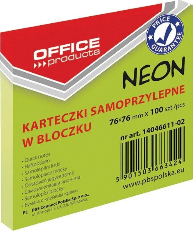 Канцелярский набор для школы Office Products NOTES SAMOPRZYLEPNY OFFICE PRODUCTS 76X76MM NEON ZIELONY