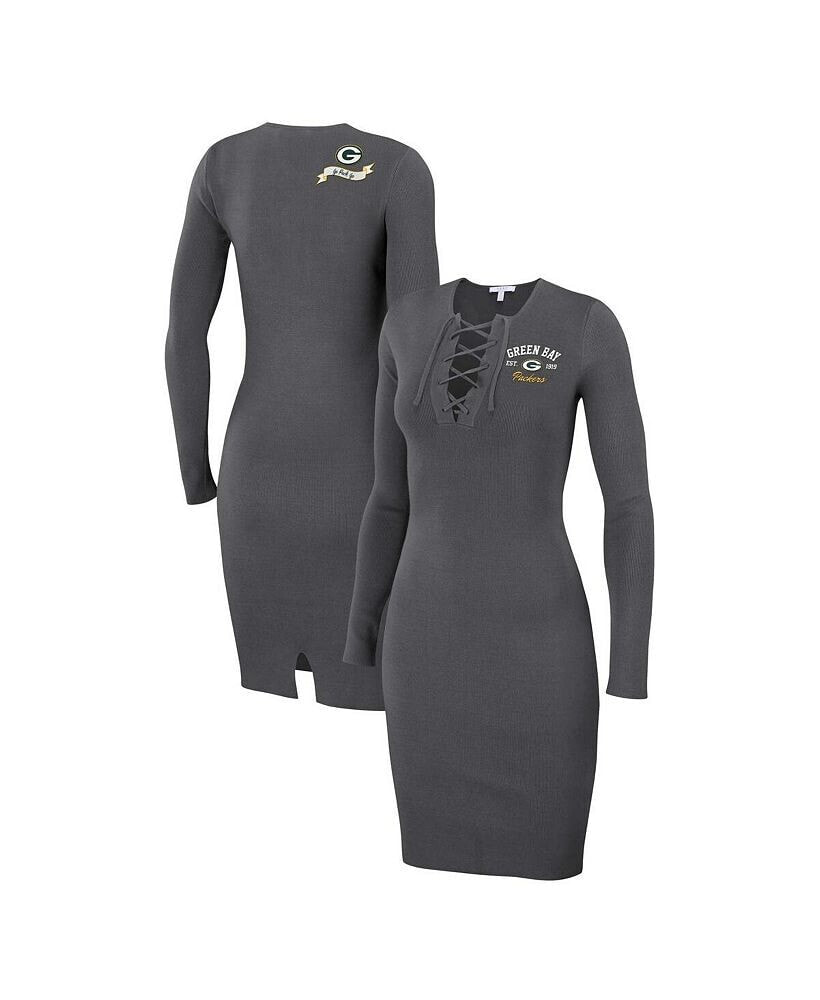 WEAR by Erin Andrews women's Charcoal Green Bay Packers Lace Up Long Sleeve Dress