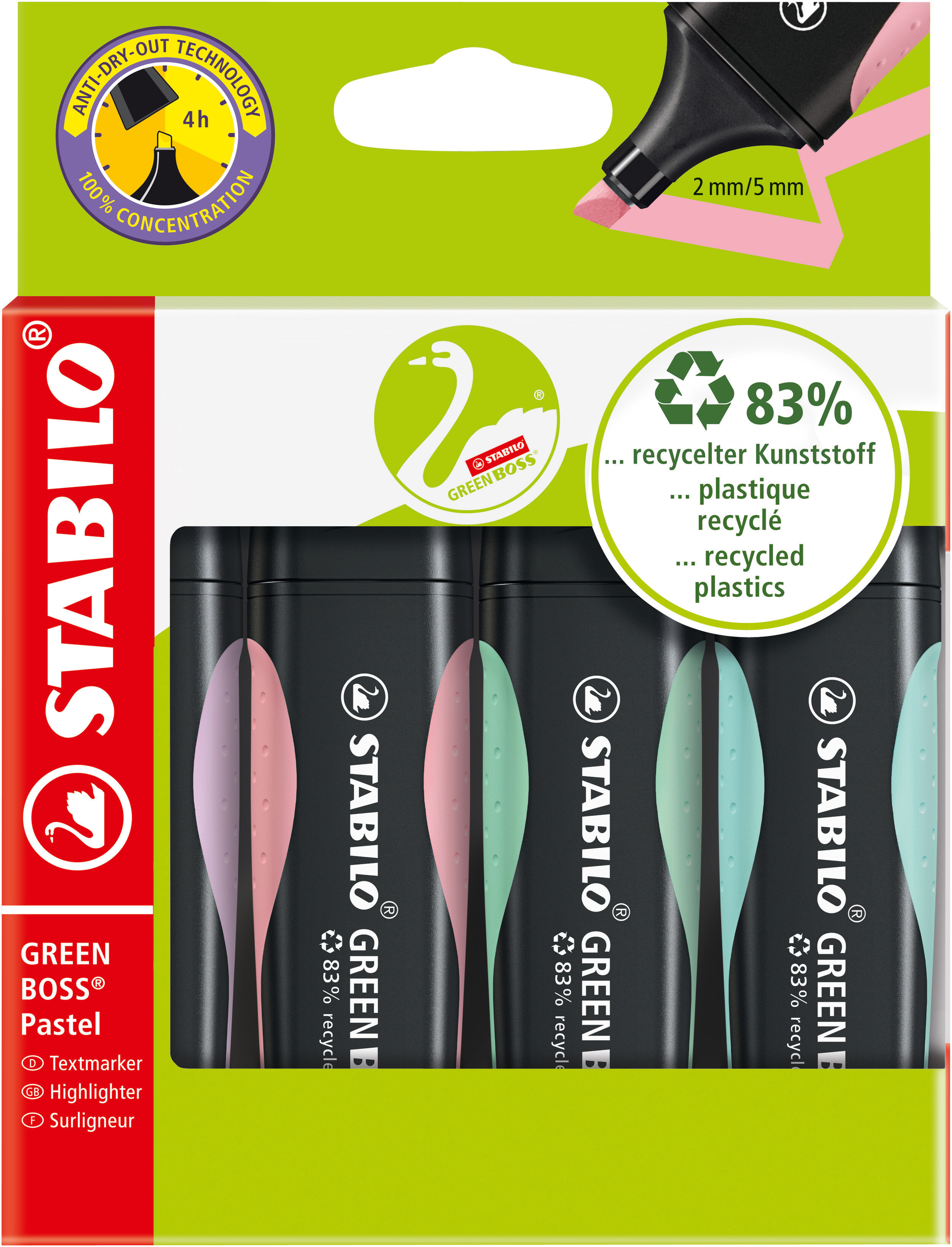 STABILO GREEN BOSS Pastel маркер 4 шт Скошенный наконечник Лиловый, Мята, Розовый, Бирюзовый 106070104