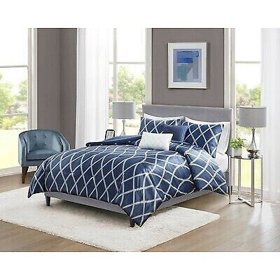 5pc Full/Queen Zara Charmeuse Geo Print Comforter Bedding Set - Navy