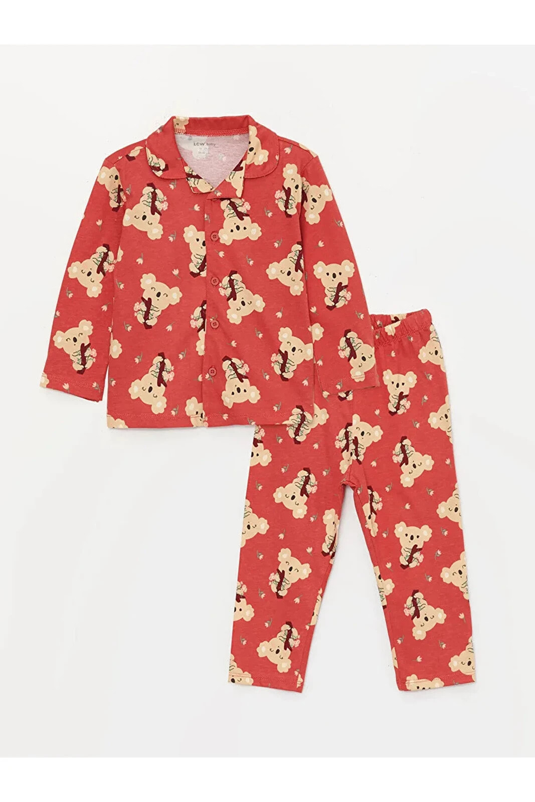 Gömlek Yaka Uzun Kollu Desenli Pamuklu Kız Bebek Pijama Takımı