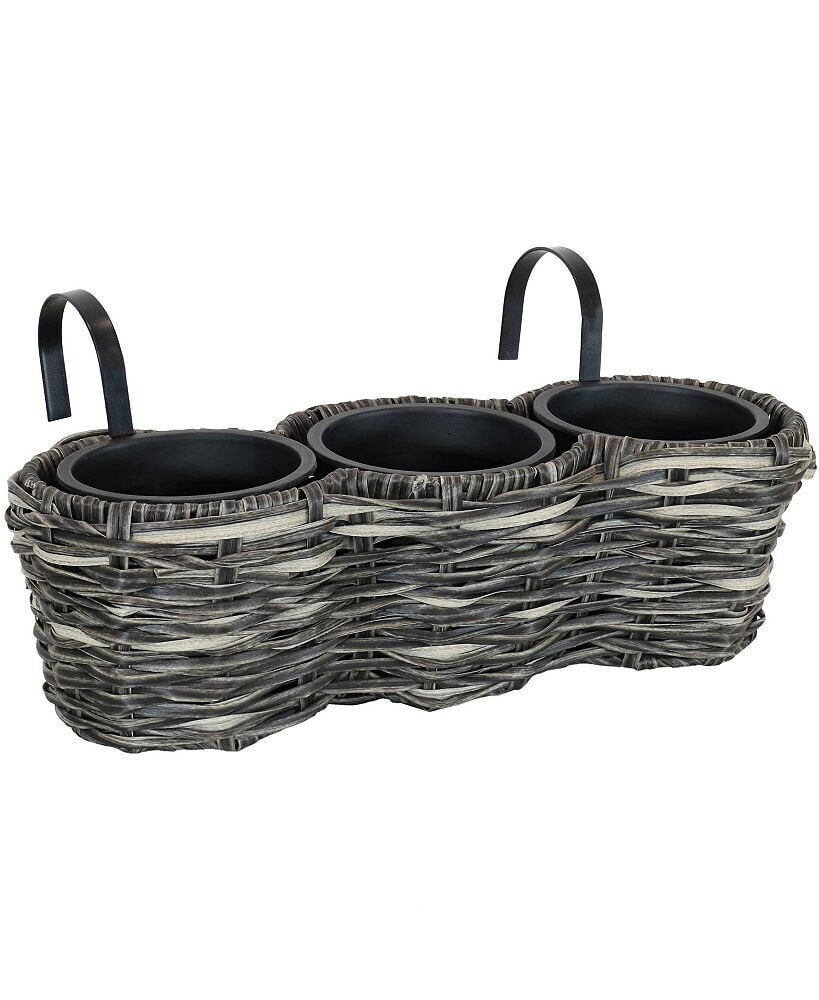 Polyrattan Hanging Over-the-Rail Tri-Planter and Liner - Charcoal