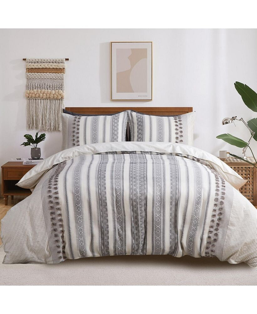 CAROMIO yarn-Dyed Jacquard Cotton Duvet Cover Set with Waffle and Tufted Dots, King/Cal King