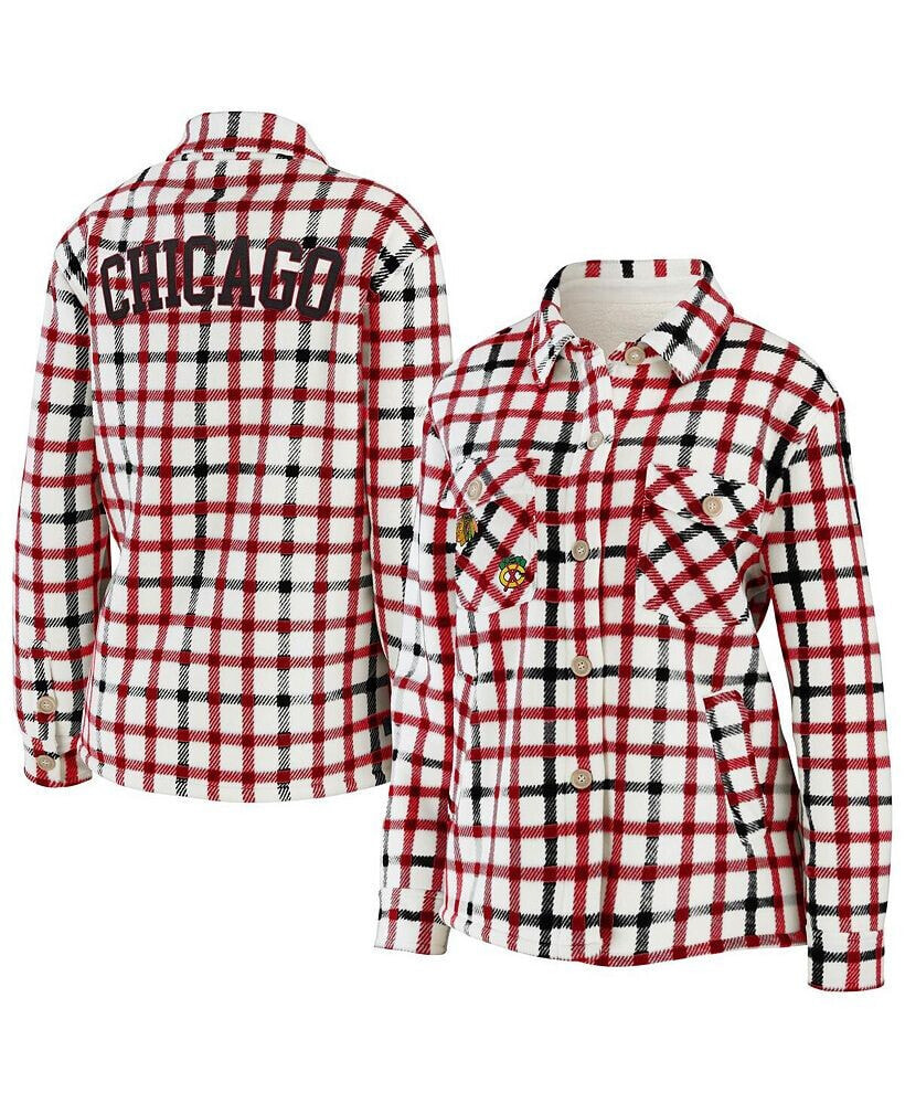 WEAR by Erin Andrews women's Oatmeal Chicago Blackhawks Plaid Button-Up Shirt Jacket