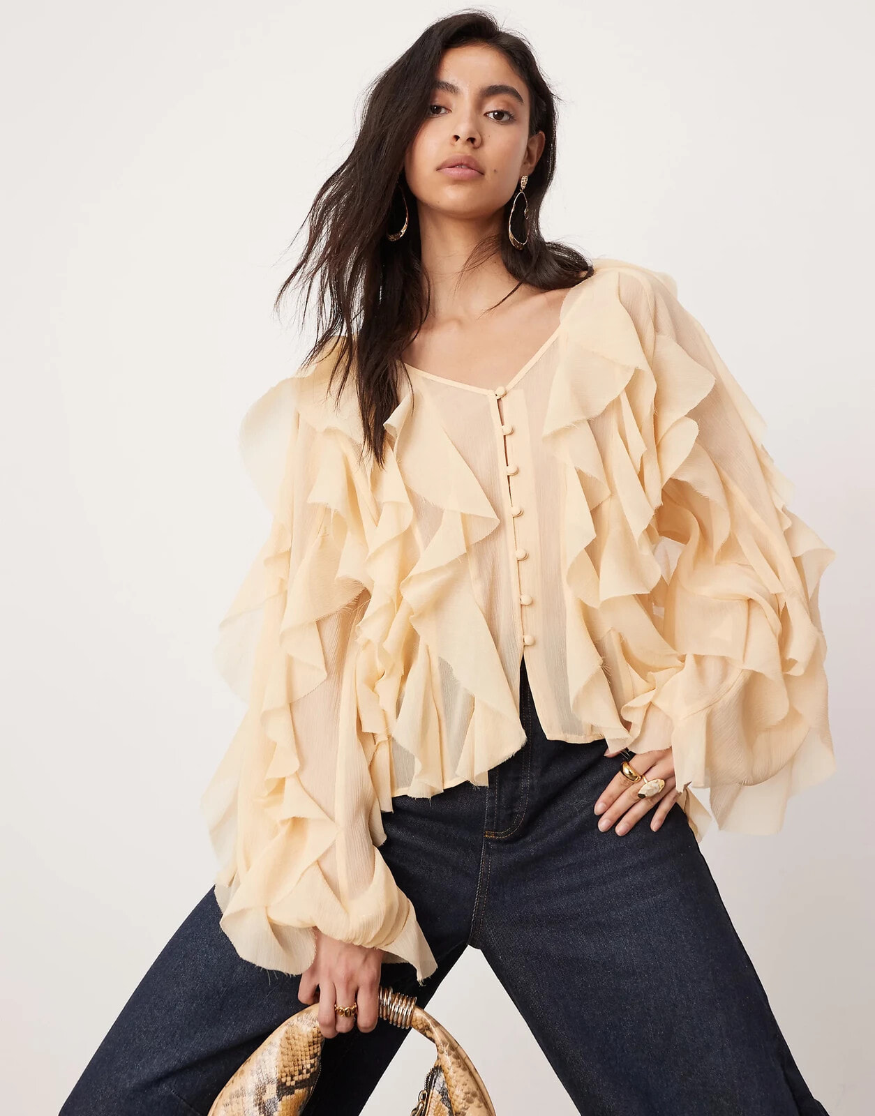 ASOS EDITION ultimate raw edge ruffle blouse in beige