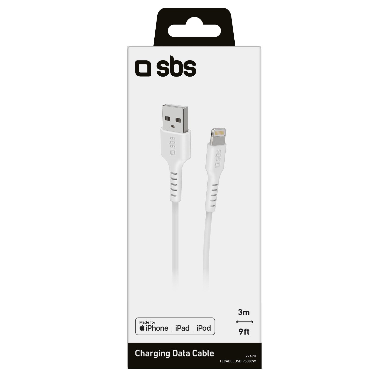 SBS TECABLEUSBIP5389W - 3 m - Lightning - USB A - Male - Male - White