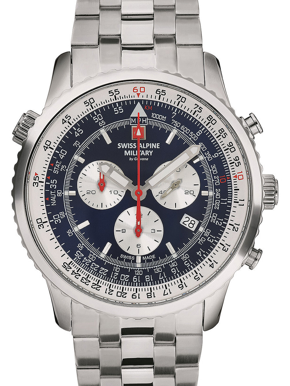 Мужские наручные часы с серебряным браслетом Swiss Alpine Military 7078.9135 chrono mens 45mm 10ATM