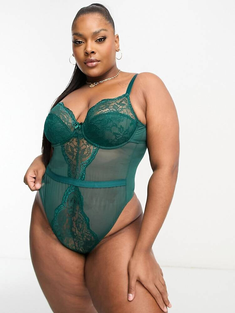 Ivory Rose Curve lace underwired mesh thong bodysuit in green