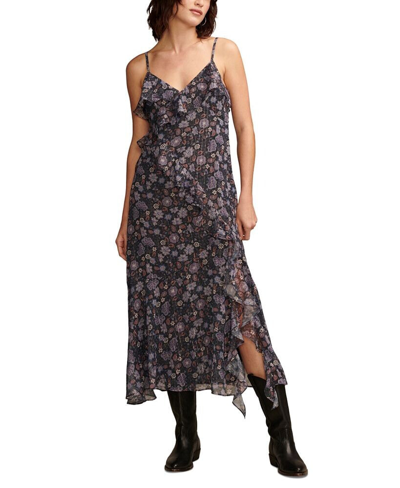 Lucky Brand women's Ruffle V-Neck Sleeveless Midi Dress