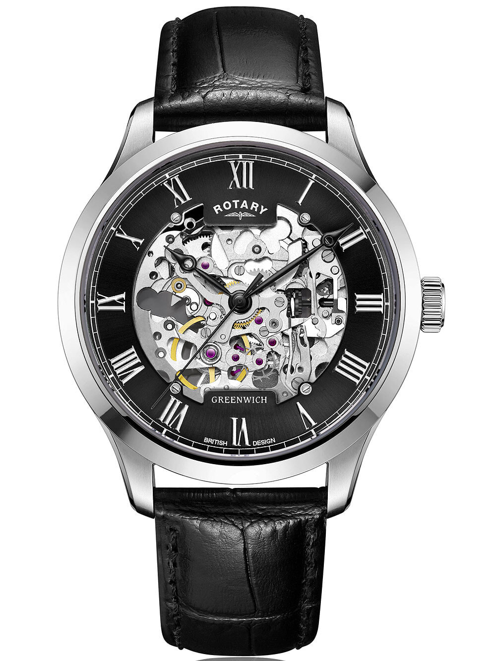 Мужские наручные часы с черным кожаным ремешком Rotary GS02940/30 Greenwich automatic 42mm 5ATM