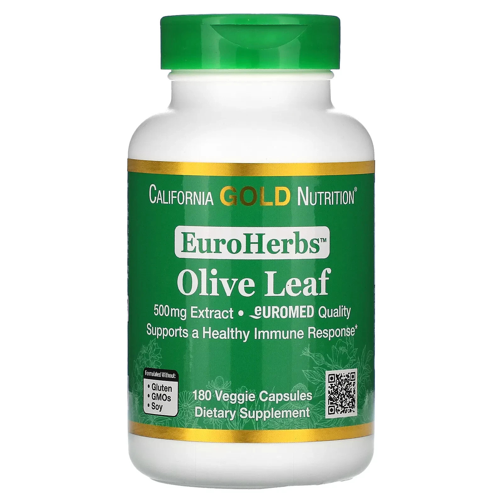 California Gold Nutrition, Экстракт из листьев оливкового дерева, EuroHerbs, европейское качество, 500 мг, 180 растительных капсул