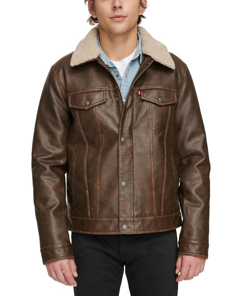 Levi's men's Sherpa-Trim Faux-Leather Trucker Jacket