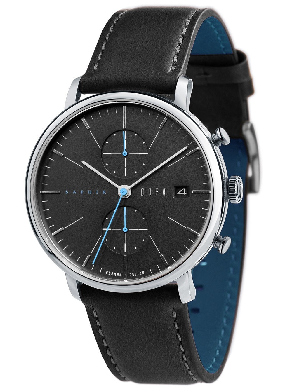 Мужские наручные часы с черным кожаным ремешком  DuFa DF-9027-04 Sapphire Chronograph 40mm 3ATM