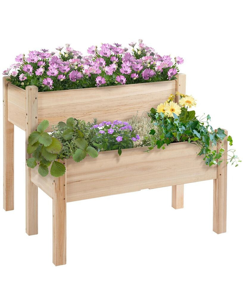 Outsunny 2-Tier Raised Garden Bed Wood Planter Stand Plant Grow Box 34