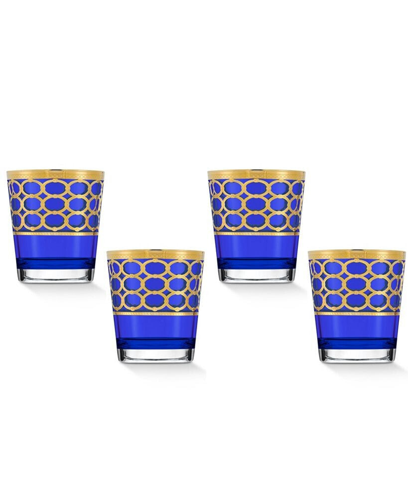 Lorren Home Trends cobalt Blue Double Old Fashion with Gold-Tone Rings, Set of 4