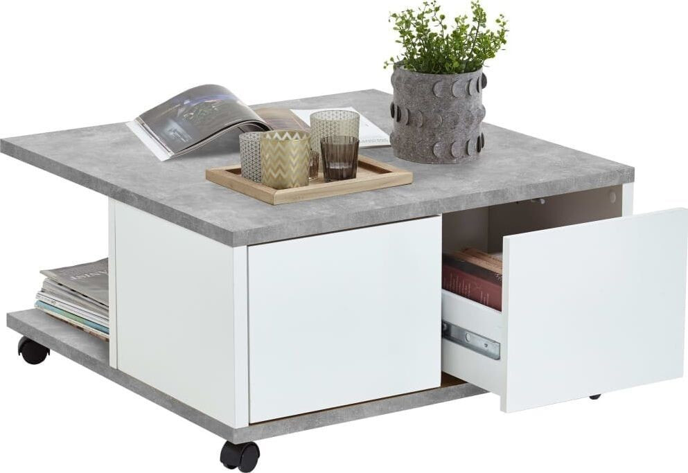 Журнальный столик FMD FMD Mobilny stolik kawowy, 70x70x35,5 cm, betonowy i błyszcząca biel