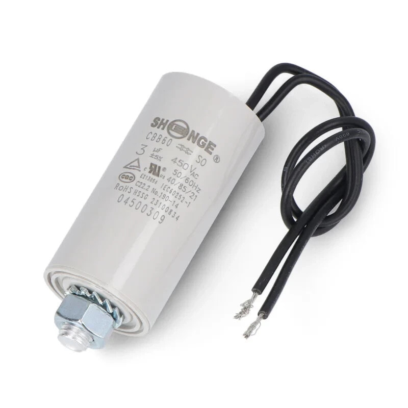 Motor capacitor 3uF/450V 28x57mm with wires
