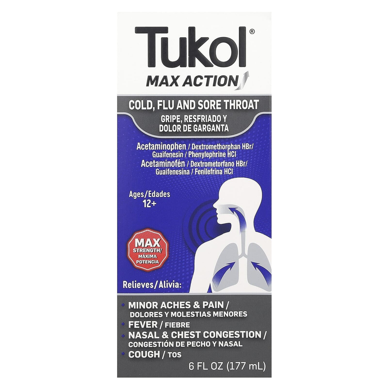 Max Action, Cold, Flu and Sore Throat, Ages 12+, 6 fl oz (177 ml)