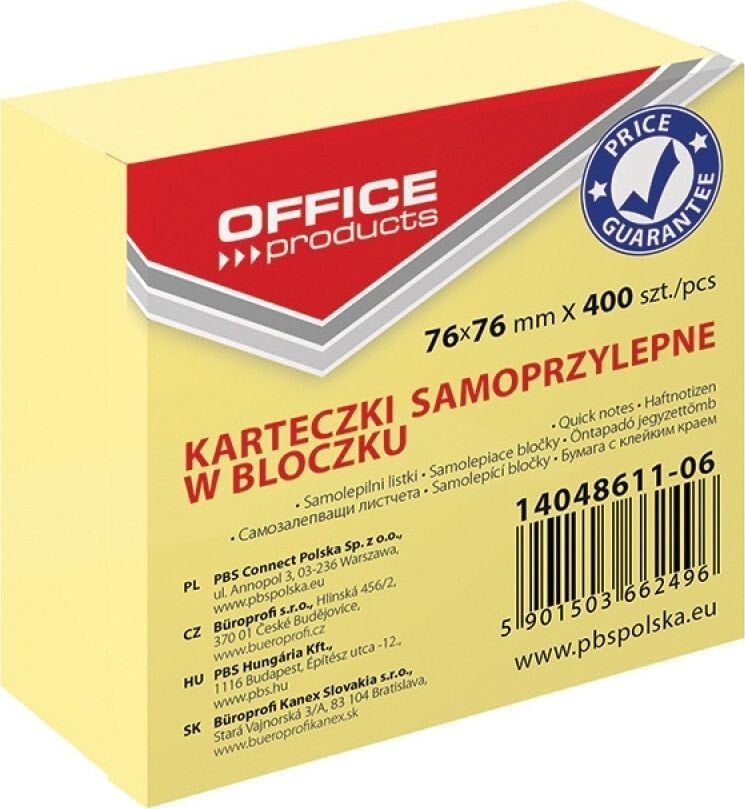Канцелярский набор для школы Office Products Kostka samoprzylepna OFFICE PRODUCTS, 76x76mm, 1x400 kart., pastel, jasnożółty
